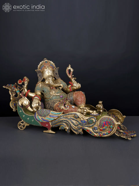 32" Brass Ganesha Idol Relaxing on Peacock Recliner | Brass Staute with Inlay Work