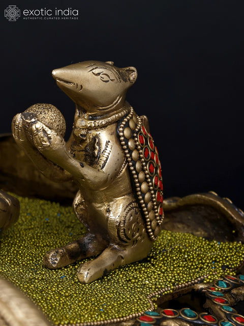 32" Brass Ganesha Idol Relaxing on Peacock Recliner | Brass Staute with Inlay Work