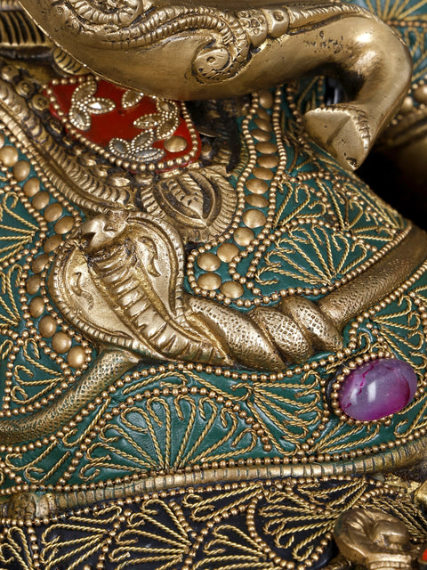 32" Brass Ganesha Idol Relaxing on Peacock Recliner | Brass Staute with Inlay Work