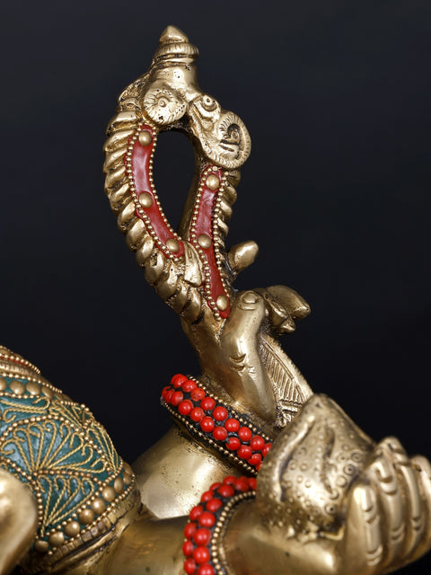32" Brass Ganesha Idol Relaxing on Peacock Recliner | Brass Staute with Inlay Work