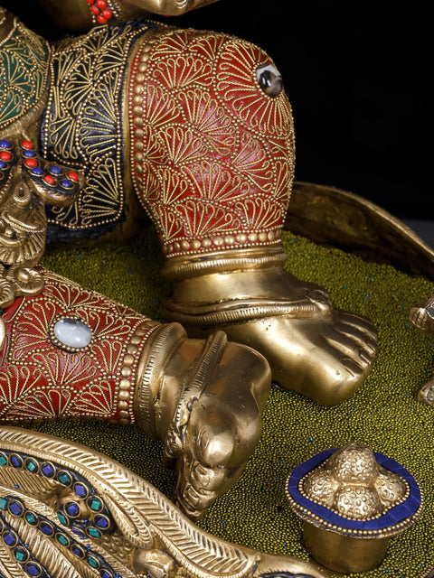 32" Brass Ganesha Idol Relaxing on Peacock Recliner | Brass Staute with Inlay Work