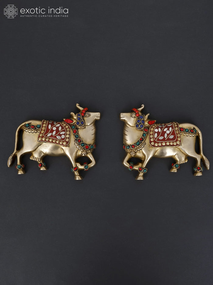 5" Brass Kamadhenu Cow Pair Handmade Wall Decor Statue