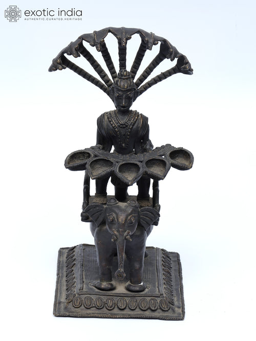 8" Brass Elephant Tribal Lamp with Serpents - Table Decor Statue