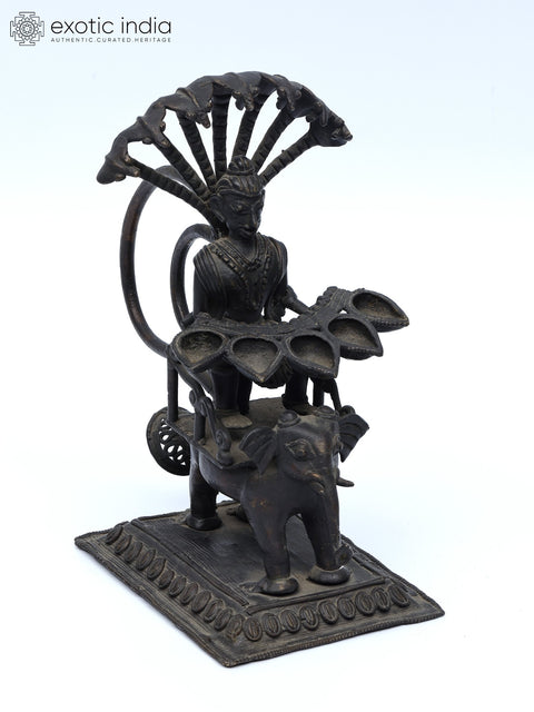 8" Elephant Design Tribal Lamp with Serpents | Brass Statue | Table Decor