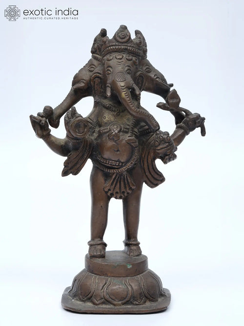 7" Three Headed Ganesha Tribal Brass Statue for Home Decor