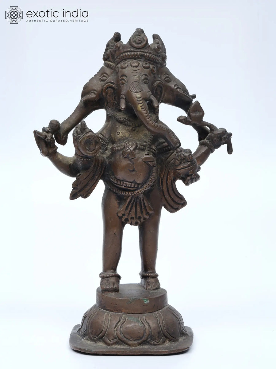 7" Three Headed Ganesha Tribal Brass Statue for Home Decor