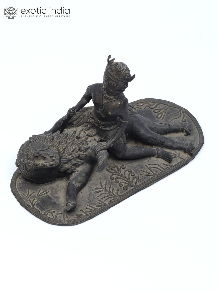 9" Hunter Hunting Lion Tribal Brass Statue