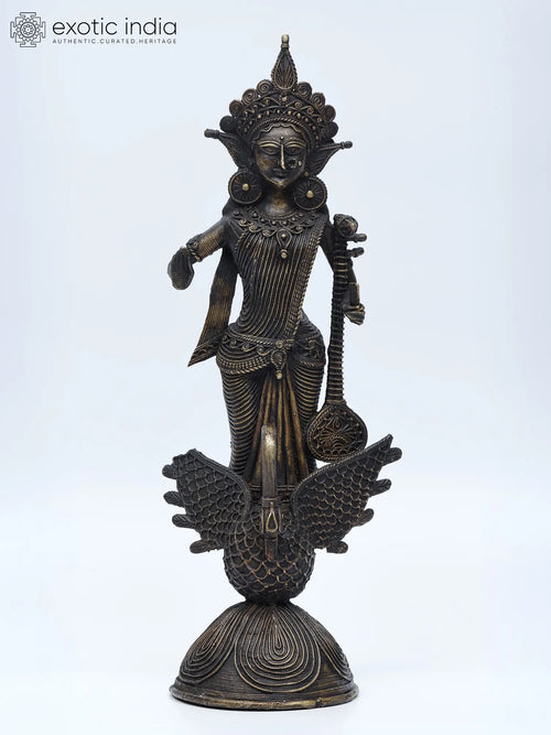 14" Goddess Saraswati Tribal Brass Statue Standing on Swan