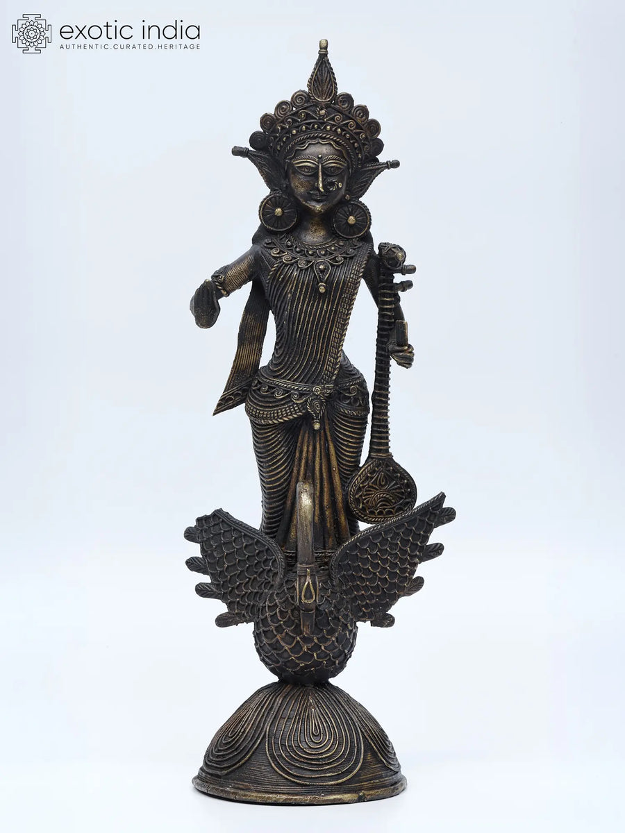 14" Goddess Saraswati Tribal Brass Statue Standing on Swan