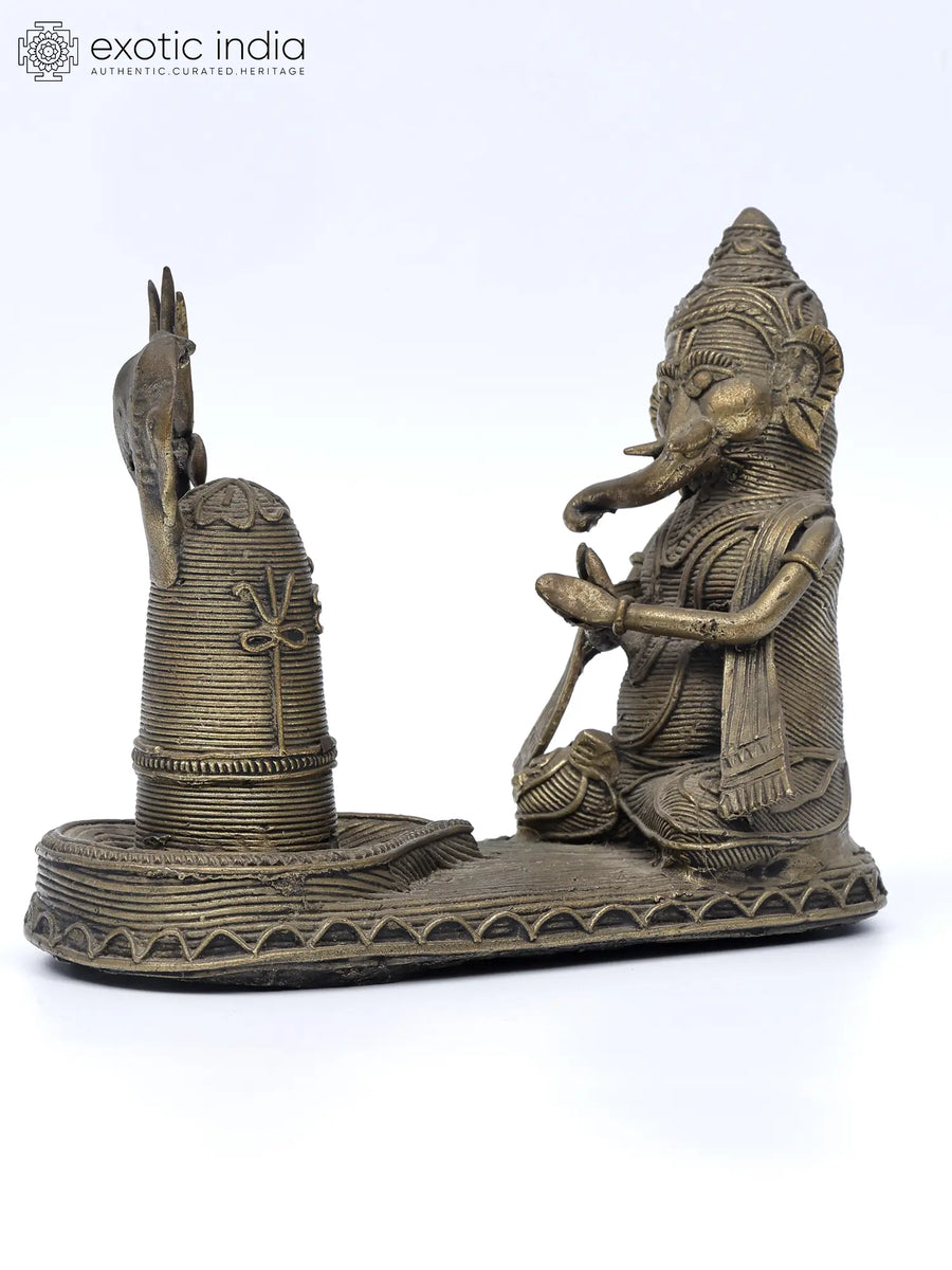 6" Lord Ganesha Worshipping Shiva Linga | Tribal Brass Statue