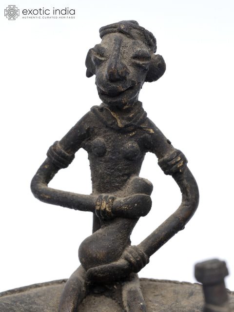 4" Tribal People on a Circular Boat | Brass Statue