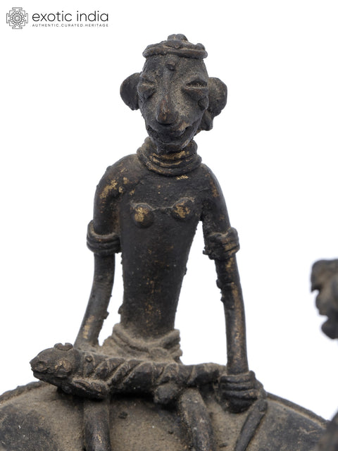 4" Tribal People on a Circular Boat | Brass Statue