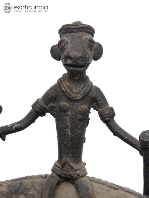 4" Tribal People on a Circular Boat | Brass Statue