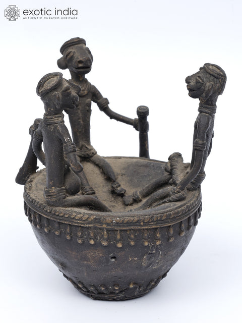 4" Tribal People on a Circular Boat | Brass Statue