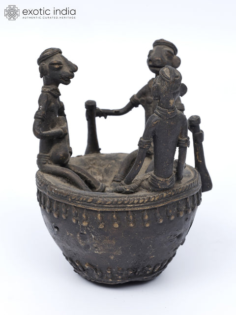 4" Tribal People on a Circular Boat | Brass Statue