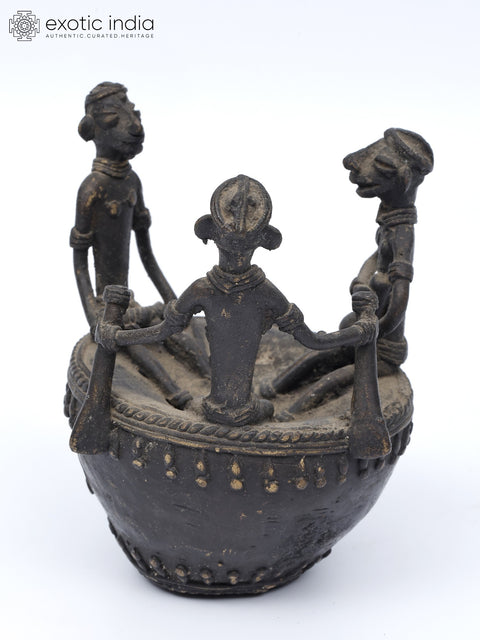 4" Tribal People on a Circular Boat | Brass Statue