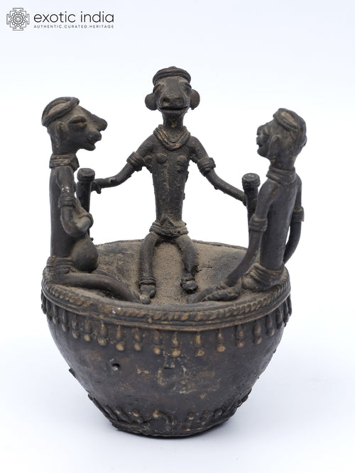 4" Tribal People on Circular Boat Brass Statue