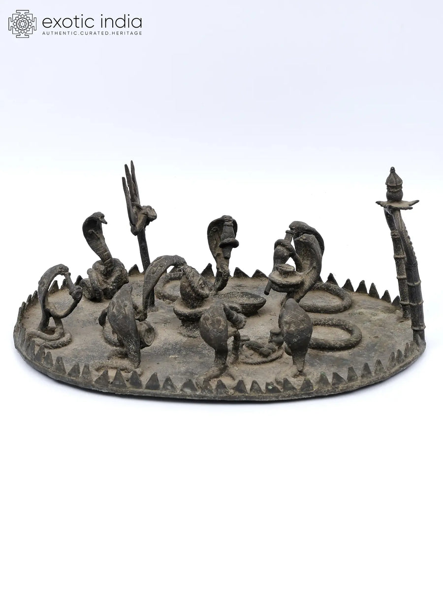 13" Tribal Brass Statue of Snakes Worshipping Shiva Linga