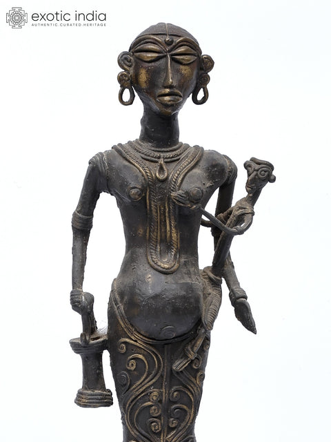 22" Tribal Mother with Child | Vintage Brass Statue
