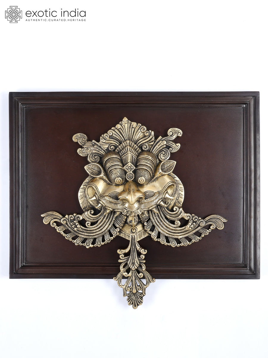 24" Kirtimukha Brass Wall Hanging Sculpture with Wood Frame