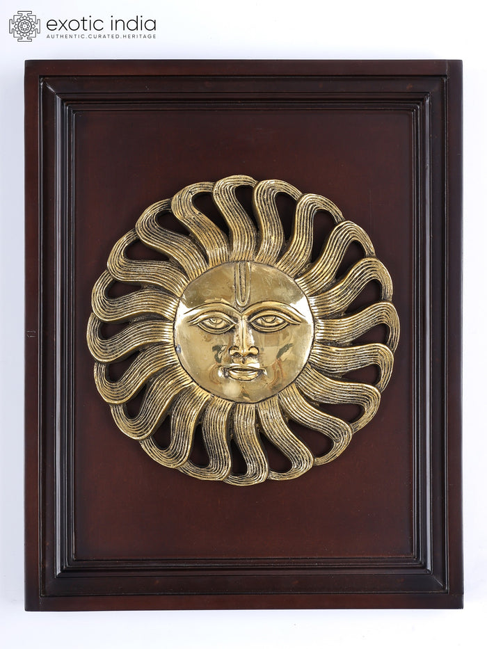 16" Surya Dev Brass Wall Hanging Statue with Wood Frame