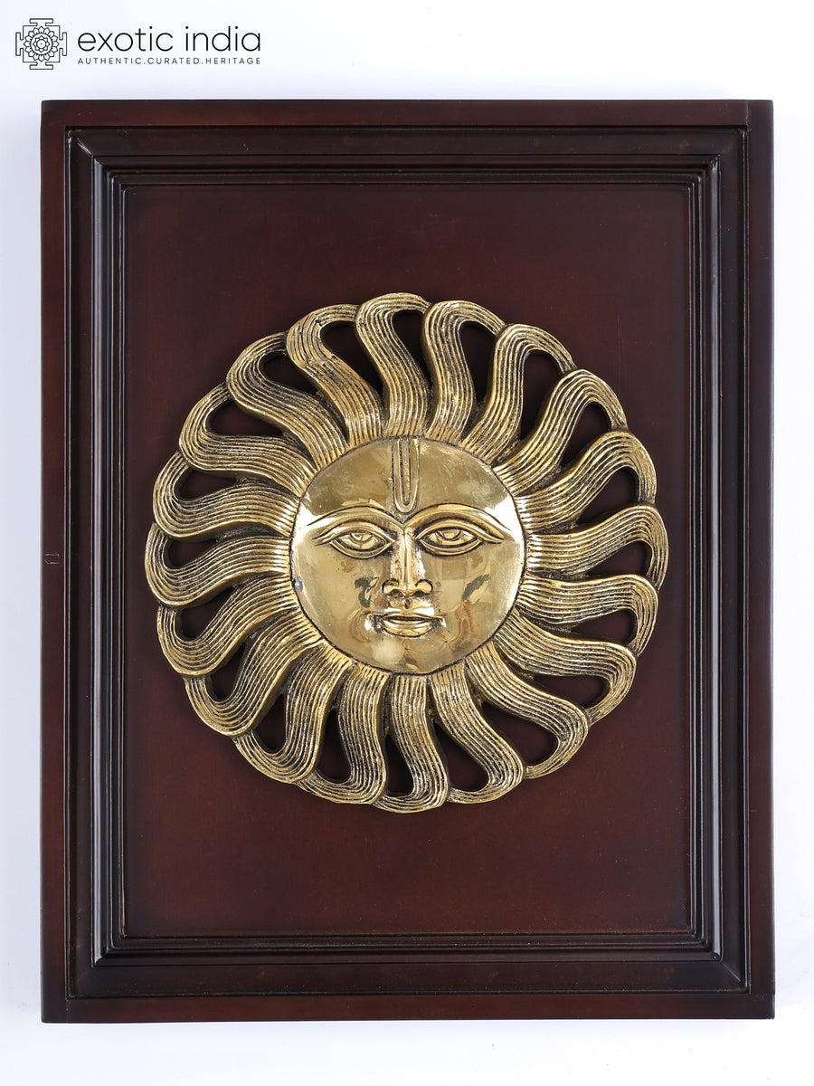 16" Surya Dev Brass Wall Hanging Statue with Wood Frame