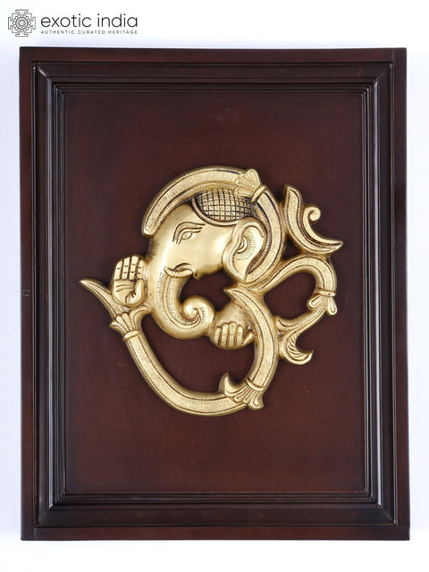 16" Om Shape Modern Ganesha | Wood Framed Brass Sculpture | Wall Hanging