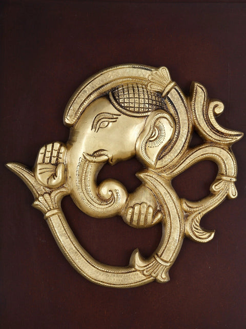 16" Om Shape Modern Ganesha | Wood Framed Brass Sculpture | Wall Hanging