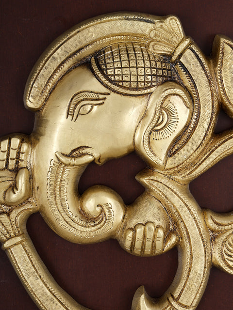 16" Om Shape Modern Ganesha | Wood Framed Brass Sculpture | Wall Hanging