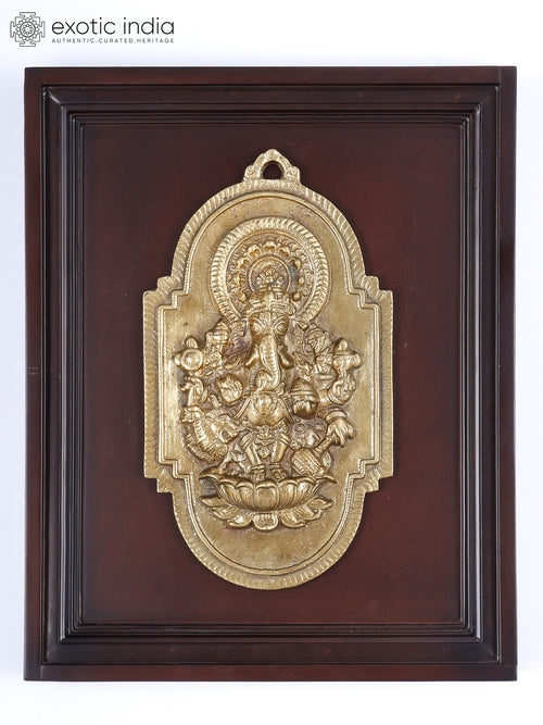 16" Brass Ganesha Drishti Wall Hanging Sculpture with Wood Frame