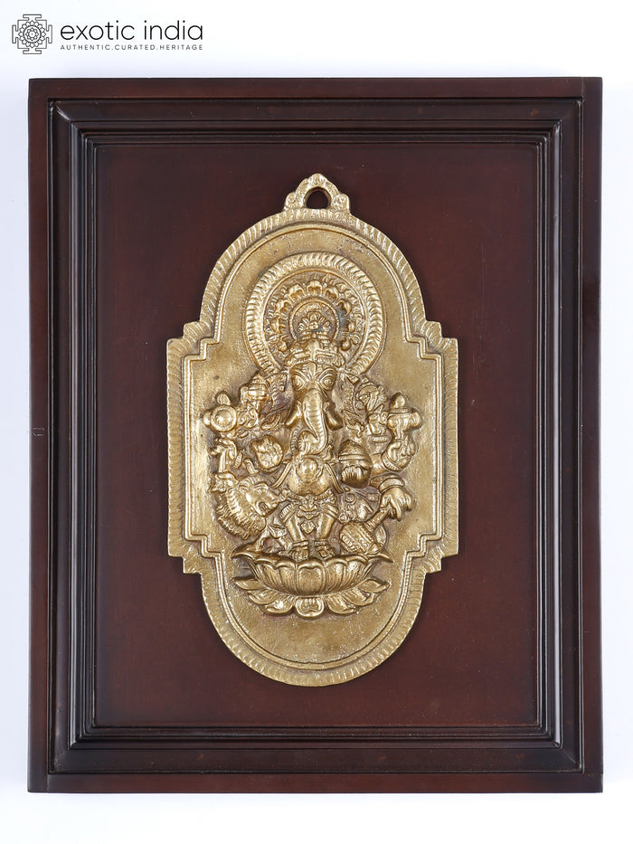 16" Brass Drishti Ganesha | Wood Framed Sculpture | Wall Hanging