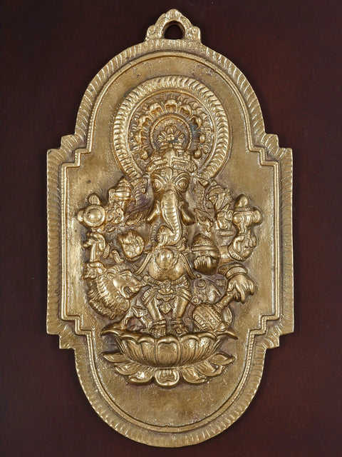 16" Brass Drishti Ganesha | Wood Framed Sculpture | Wall Hanging