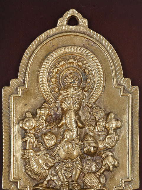 16" Brass Drishti Ganesha | Wood Framed Sculpture | Wall Hanging