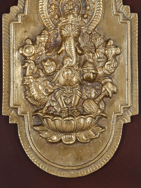 16" Brass Drishti Ganesha | Wood Framed Sculpture | Wall Hanging