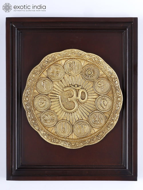 16" Brass Hindu Auspicious Symbols Om Wall Hanging Sculpture Wood Frame