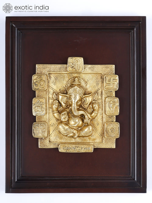 16" Blessing Ganesha Brass Wall Hanging with Hindu Symbols