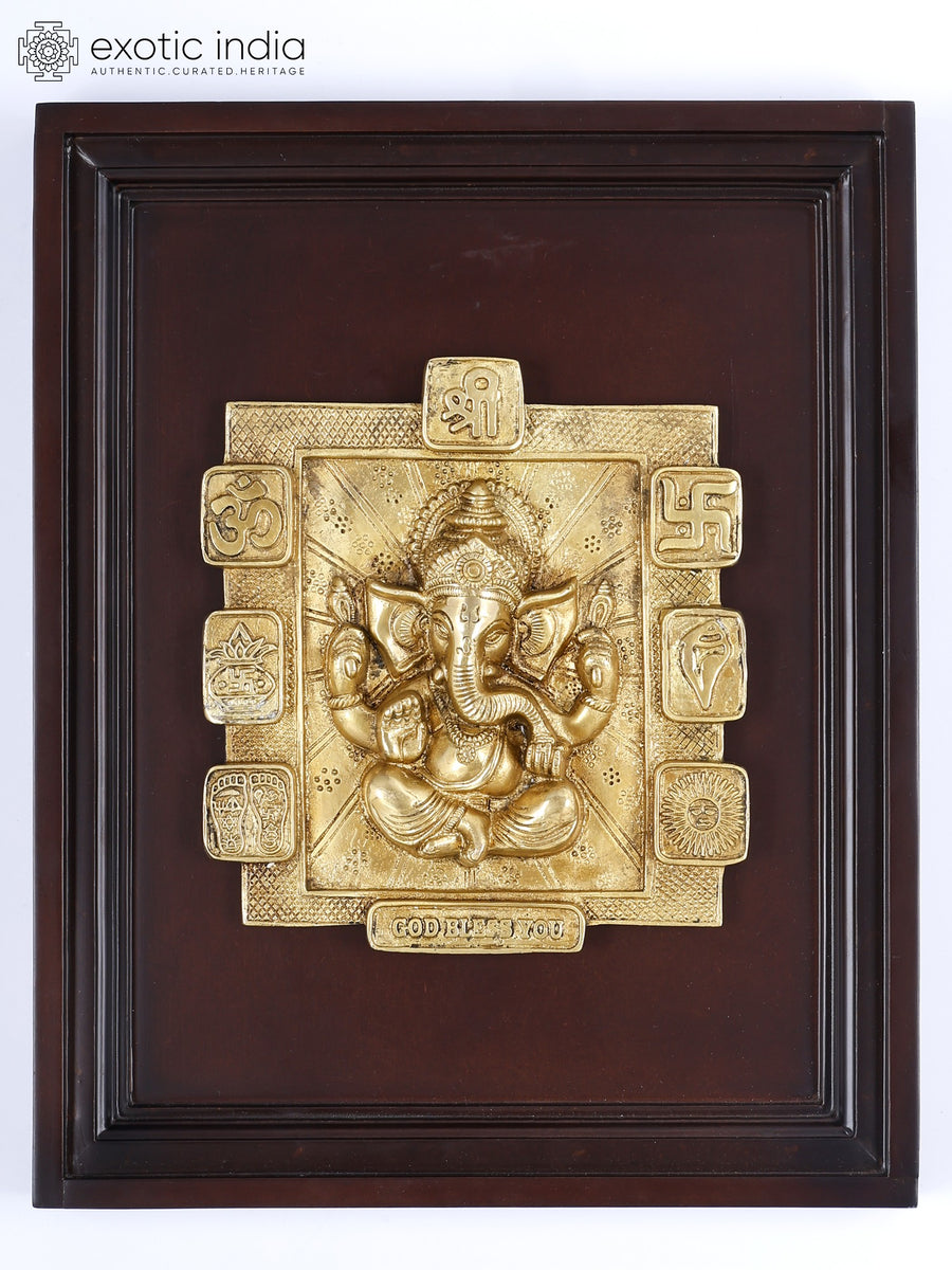 16" Blessing Ganesha Brass Wall Hanging with Hindu Symbols