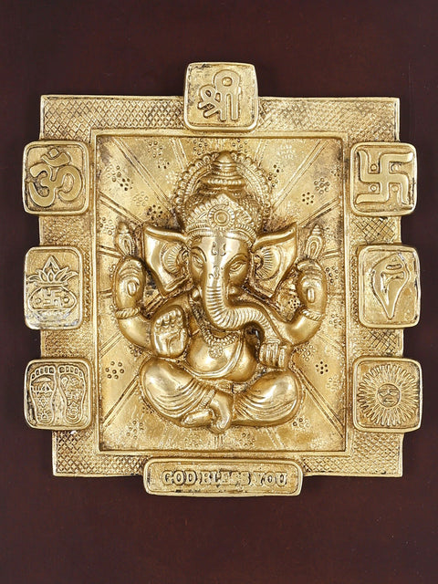 16" Blessing Ganesha with Auspicious Hindu Symbols | Wood Framed Sculpture | Brass Wall Hanging Idol