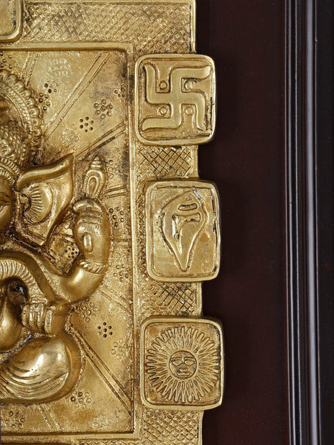 16" Blessing Ganesha with Auspicious Hindu Symbols | Wood Framed Sculpture | Brass Wall Hanging Idol