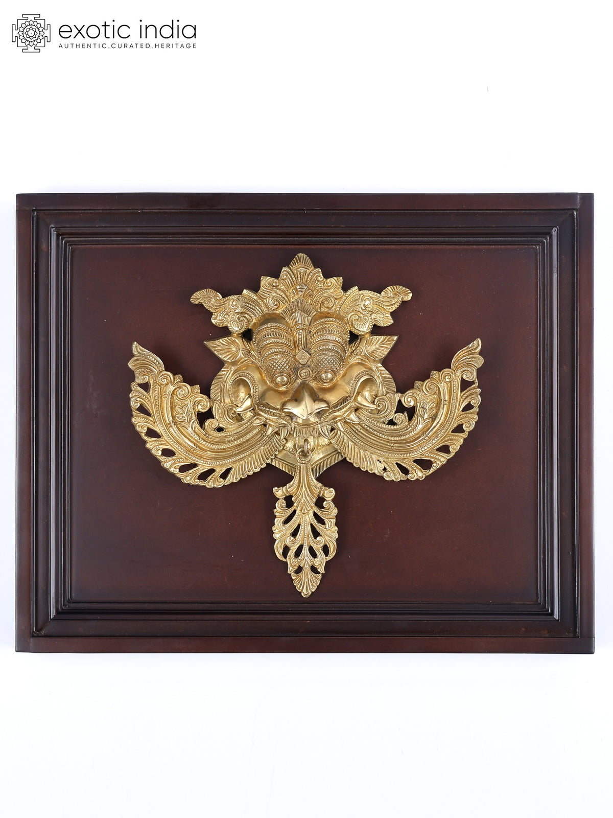 16" Brass Kirtimukha Wall Hanging Statue with Wood Frame