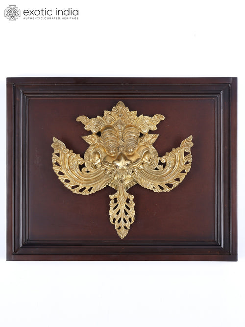 16" Brass Kirtimukha Wall Hanging Statue with Wood Frame