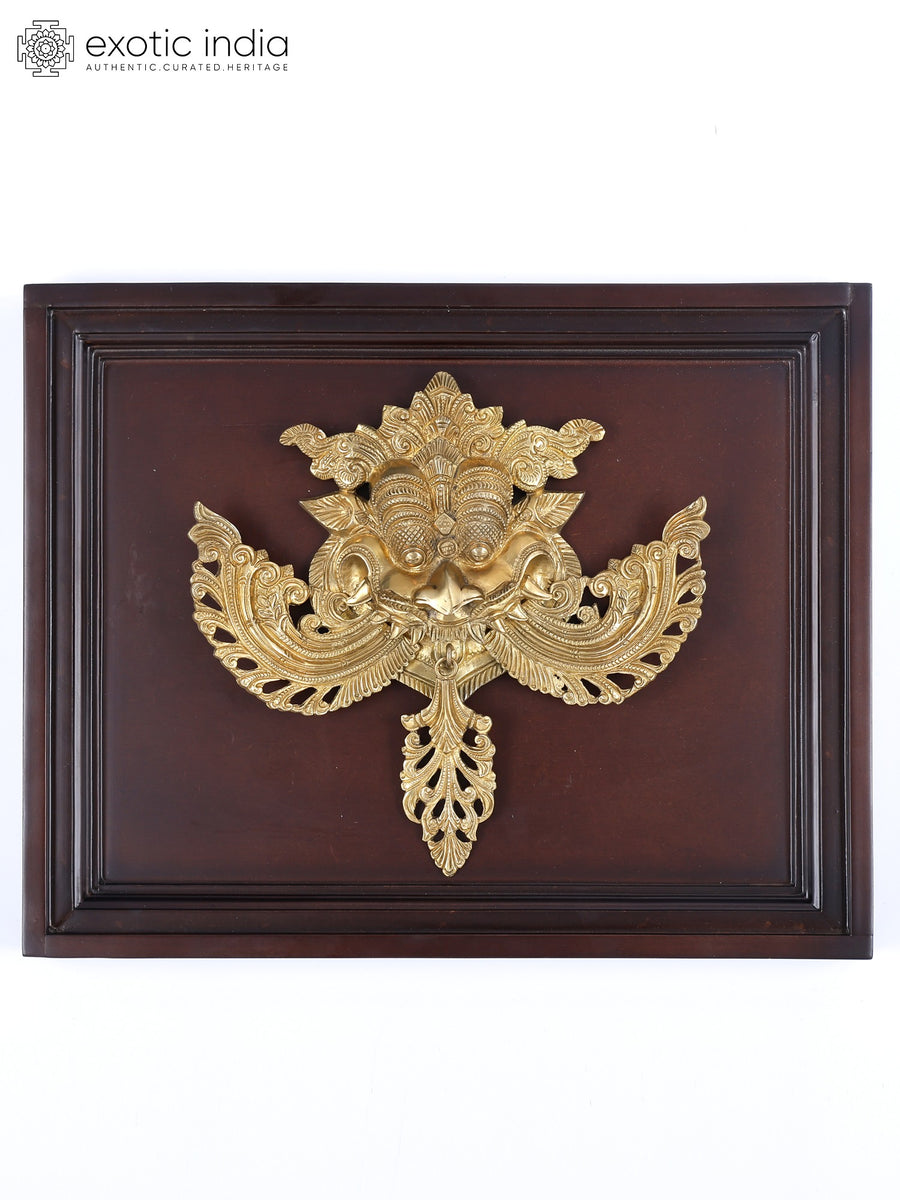 16" Brass Kirtimukha Wall Hanging Statue with Wood Frame