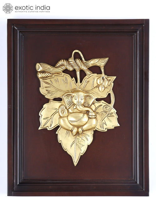 16" Brass Leaf Ganesha Handmade Sculpture with Wood Frame