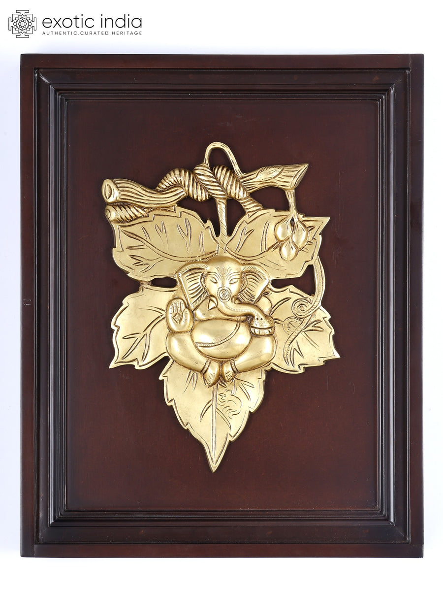 16" Brass Leaf Ganesha Handmade Sculpture with Wood Frame