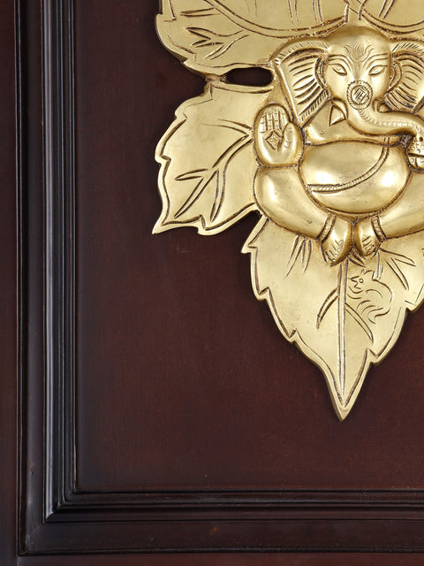 16" Brass Leaf Ganesha | Wood Framed Sculpture