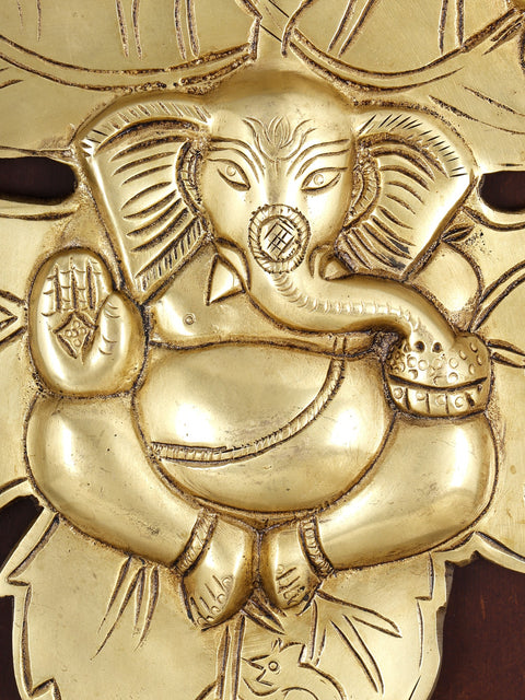 16" Brass Leaf Ganesha | Wood Framed Sculpture