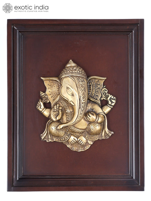 16" Blessing Ganesha Handmade Brass Sculpture with Wood Frame