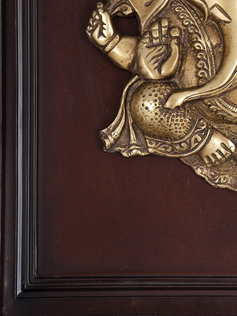 16" Blessing Ganesha | Wood Framed Brass Sculpture