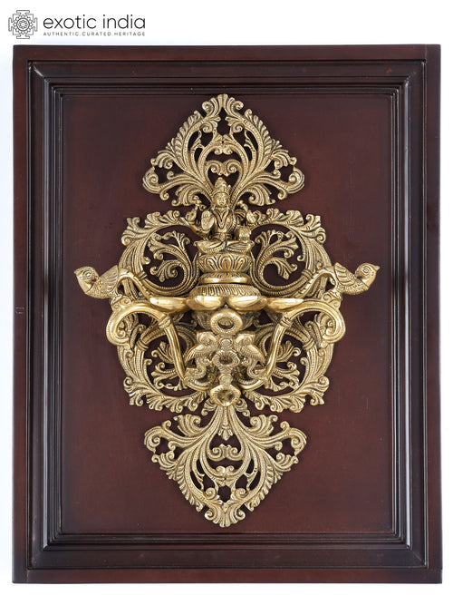 16" Brass Lakshmi Diya Wood Framed Wall Hanging for Pooja