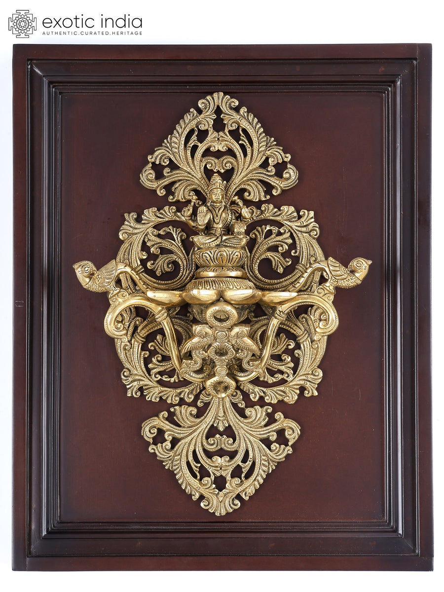 16" Brass Lakshmi Diya Wood Framed Wall Hanging for Pooja
